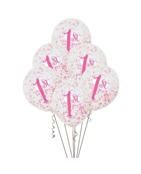 6 Pink and Gold 1st Birthday Latex Balloons with Confetti 12"