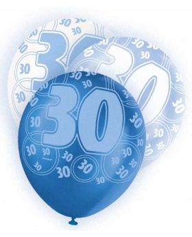 Blue Glitz 30 All Over Print Party Balloons 6pk