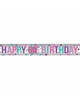 Pink Happy 50th Birthday Holographic Foil Banner 2.7m