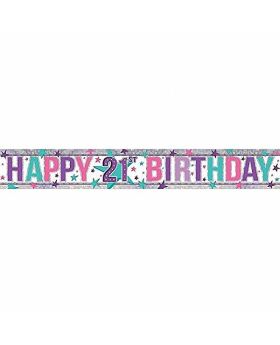 Pink Happy 21st Birthday Holographic Foil Banner 2.7m