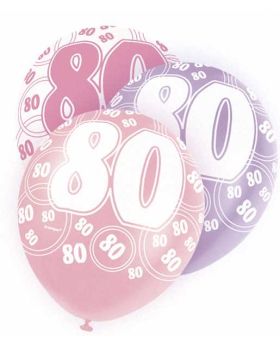 Age 80 Pink glitz balloons, 12 ins, pk6