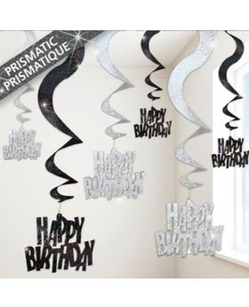 6 Black Glitz Happy Birthday Swirl Decorations