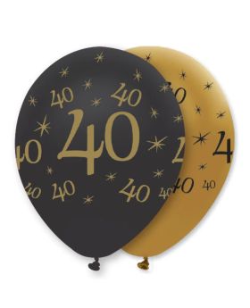 Black & Gold Age 40 Pearlescent Latex Balloons 12", pk6