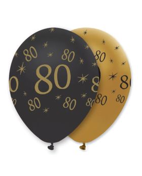 Black & Gold Age 80 Pearlescent Latex Balloons 12", pk6