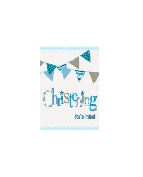 Christening Blue Bunting Party Invitations, pk8