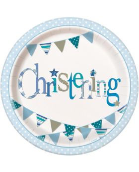 Christening Blue Bunting Party Plates 23cm, pk8