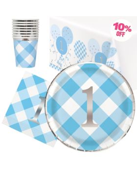 Blue Gingham 1st Birthday Party Tableware Pack for 8