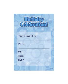 Blue Glitz Happy Birthday Party Invitations, pk16