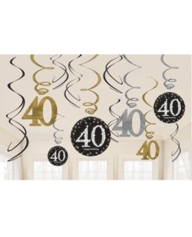 12 Gold Sparkling Celebration 40th Birthday Swirl Decorations