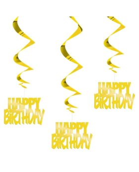 3 Gold Happy Birthday Swirl Decorations
