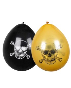 Black & Gold Pirate Skull Latex Balloon 9", pk6
