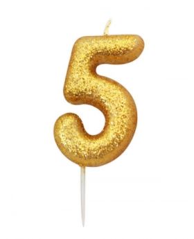 Number 5 Glitter Numeral Gold Moulded Candle 