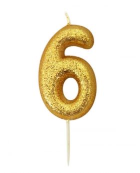 Number 6 Glitter Numeral Gold Moulded Candle 