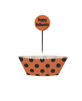 Orange and Black Polka Dot Halloween Cupcake Kit, 24pc