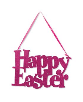 Happy Easter Pink Glitter Sign with Ribbon Hanger