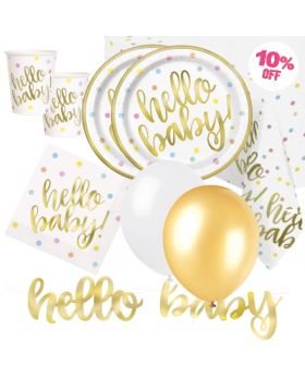 Gold Hello Baby Shower Deluxe Party Pack for 16