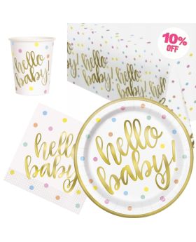 Gold Hello Baby Shower Tableware Party Pack for 8