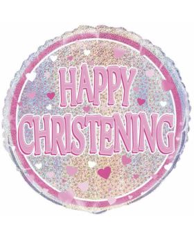 Pink Happy Christening Prismatic Foil Balloon 18"