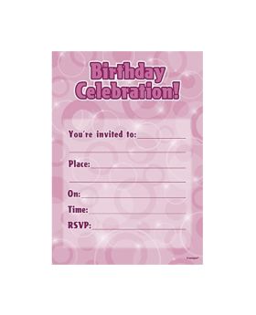 Pink Glitz Happy Birthday Party Invitations, pk16