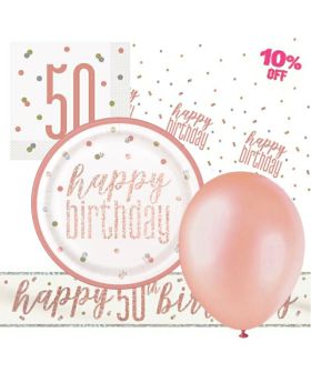 Glitz Rose Gold 50th Birthday Party Tableware Pack for 8