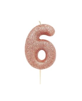 Number 6 Rose Gold Glitter Candle