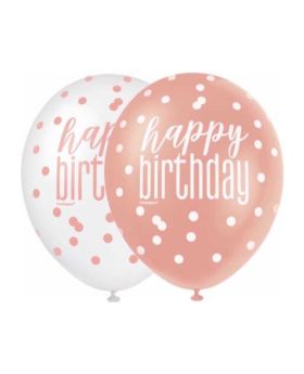 6 Glitz Rose Gold Happy Birthday Latex Balloons 12"