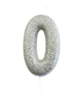 Number 0 Glitter Numeral Moulded Pick Candle Silver