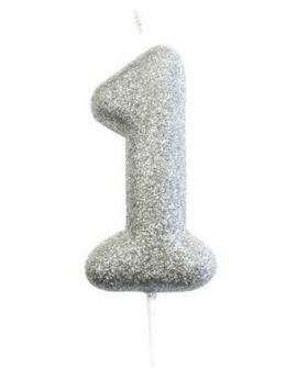 Number 1 Glitter Numeral Silver Moulded Candle 