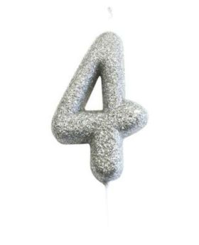 Number 4 Glitter Numeral Silver Moulded Candle 