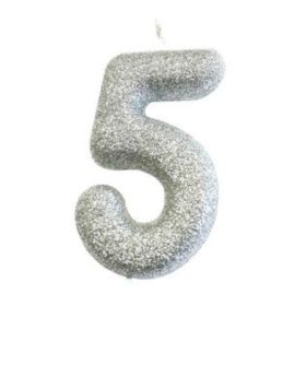 Number 5 Glitter Numeral Silver Moulded Candle 