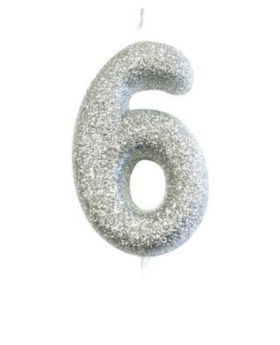 Number 6 Glitter Numeral Silver Moulded Candle 