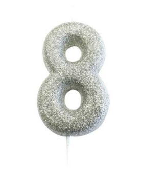 Number 8 Glitter Numeral Silver Moulded Candle 