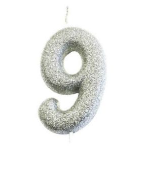 Number 9 Glitter Numeral Silver Moulded Candle 