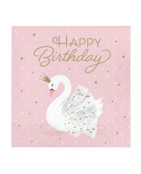 Swan Party Happy Birthday Napkins 33cm x 33cm, pk16