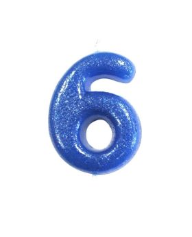 Age 6 Glitter Numeral Moulded Pick Candle Blue
