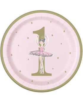 Ballerina Pink & Gold 1st Birthday Party Plates 23cm, pk8