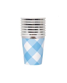 Blue Gingham 1st Birthday Party Cups 270ml, pk8