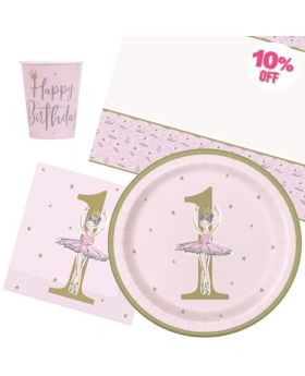 Ballerina Pink & Gold 1st Birthday Party Tableware Pack for 8