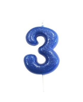 Age 3 Glitter Numeral Moulded Pick Candle Blue