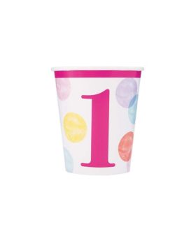 Pink Dots 1st Birthday Cups 270ml, pk8
