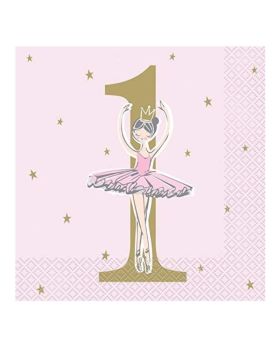 Ballerina Pink & Gold 1st Birthday Party Napkins 33cm x 33cm, pk16