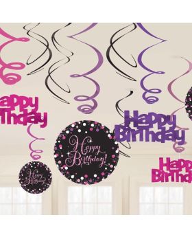 Pink Sparkling Celebration Happy Birthday Swirl Decorations, pk12