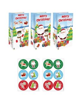 Christmas Paper Party Bags with Stickers, pk12