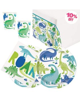 Blue & Green Dinosaur Party Tableware Pack for 16