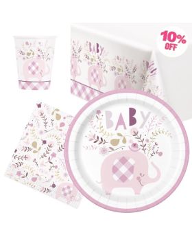 Pink Floral Elephant Baby Shower Party Tableware Pack for 8