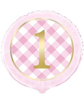 Pink Gingham 1st Birthday Party Foil Balloon 18"
