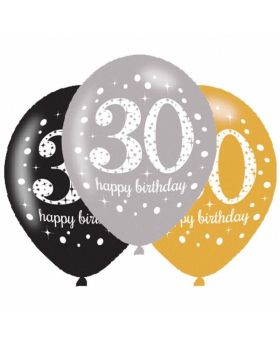 6 Gold Sparkling Celebration 30th Birthday Latex Balloons 11"
