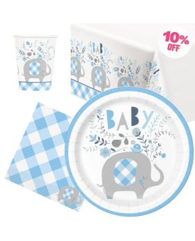 Blue Floral Elephant Baby Shower Party Tableware Pack for 8