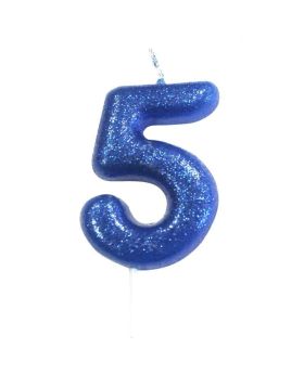 Age 5 Glitter Numeral Moulded Pick Candle Blue