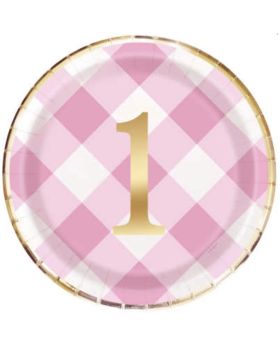 Pink Gingham 1st Birthday Party Plates